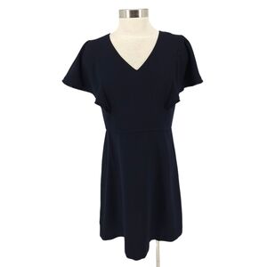 Ann Taylor LOFT Fit Flare Dress Navy Blue Fringe Short Sleeve V Neck 8